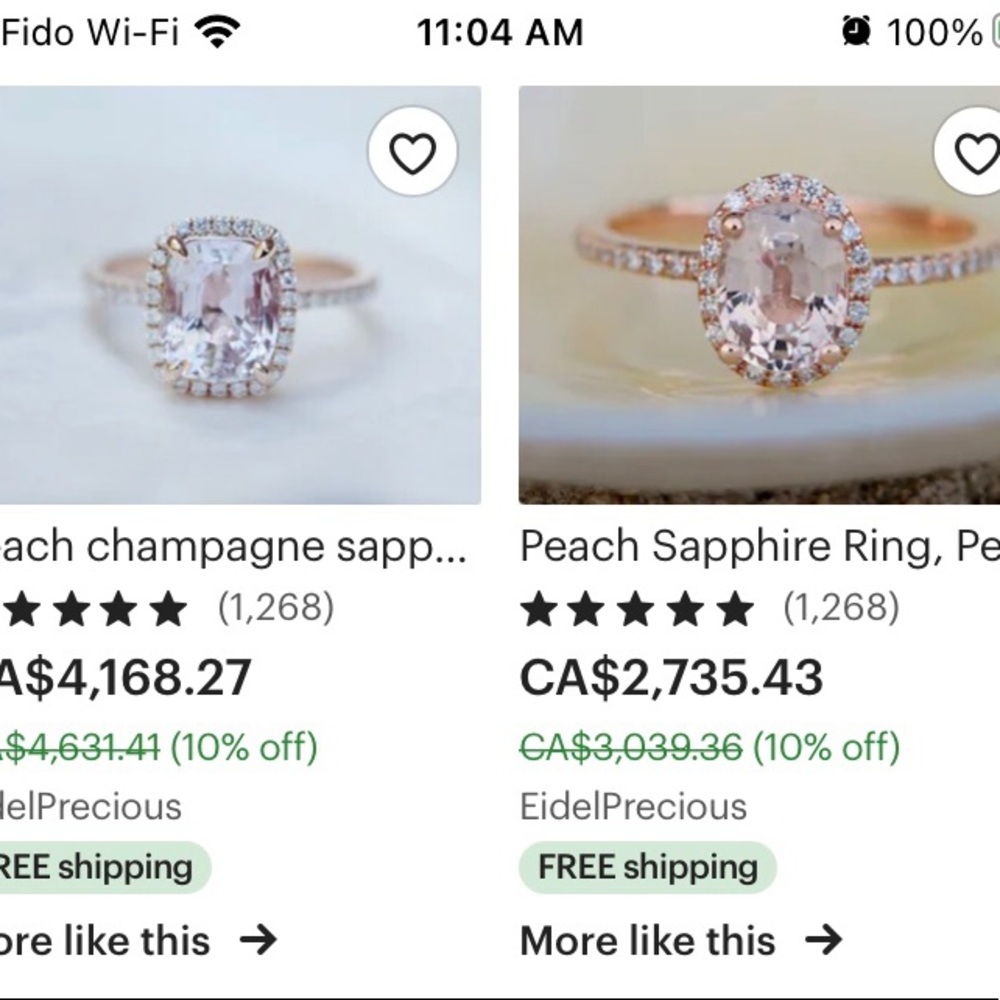 14k rose gold, diamond and emerald cut peach sapphire engagement ring - Picture 15 of 16